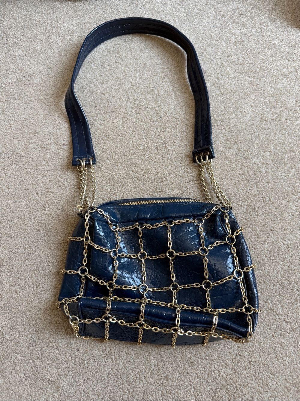 Vintage BY SIRO Navy Blue Shoulder Bag Gold Chain Cage Made in Hong Kong